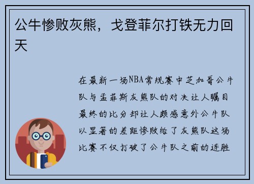 公牛惨败灰熊，戈登菲尔打铁无力回天